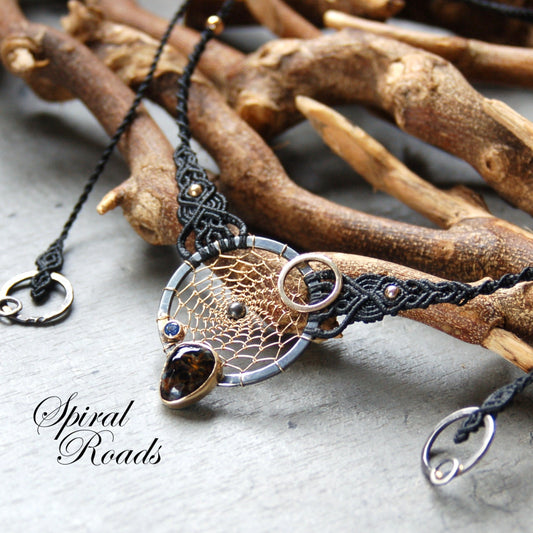Dreamcatcher necklace with Silver, Gold and macrame. with Sapphire and Pietersite Gemstones
