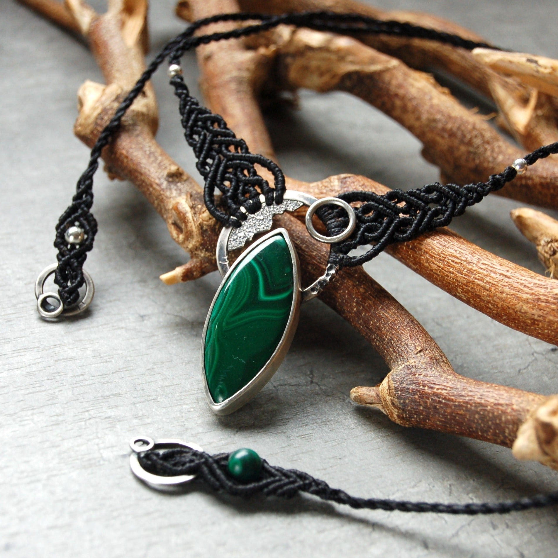 Malachite necklace with macrame and sterling silver